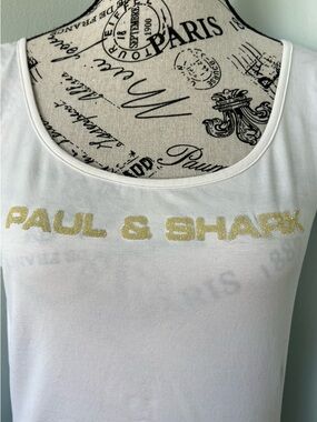 Paul & Shark White Tank with Gold Glitter Logo Across Chest
